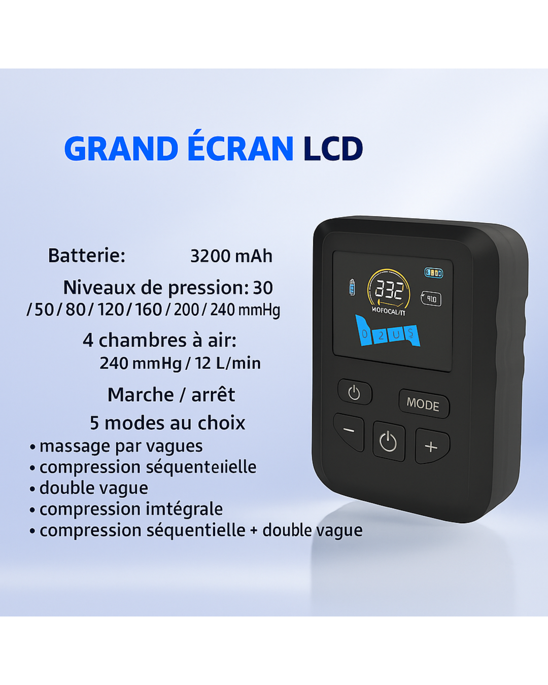 Bottes de compression d’air – 4 zones, rechargeables, sac à dos inclus